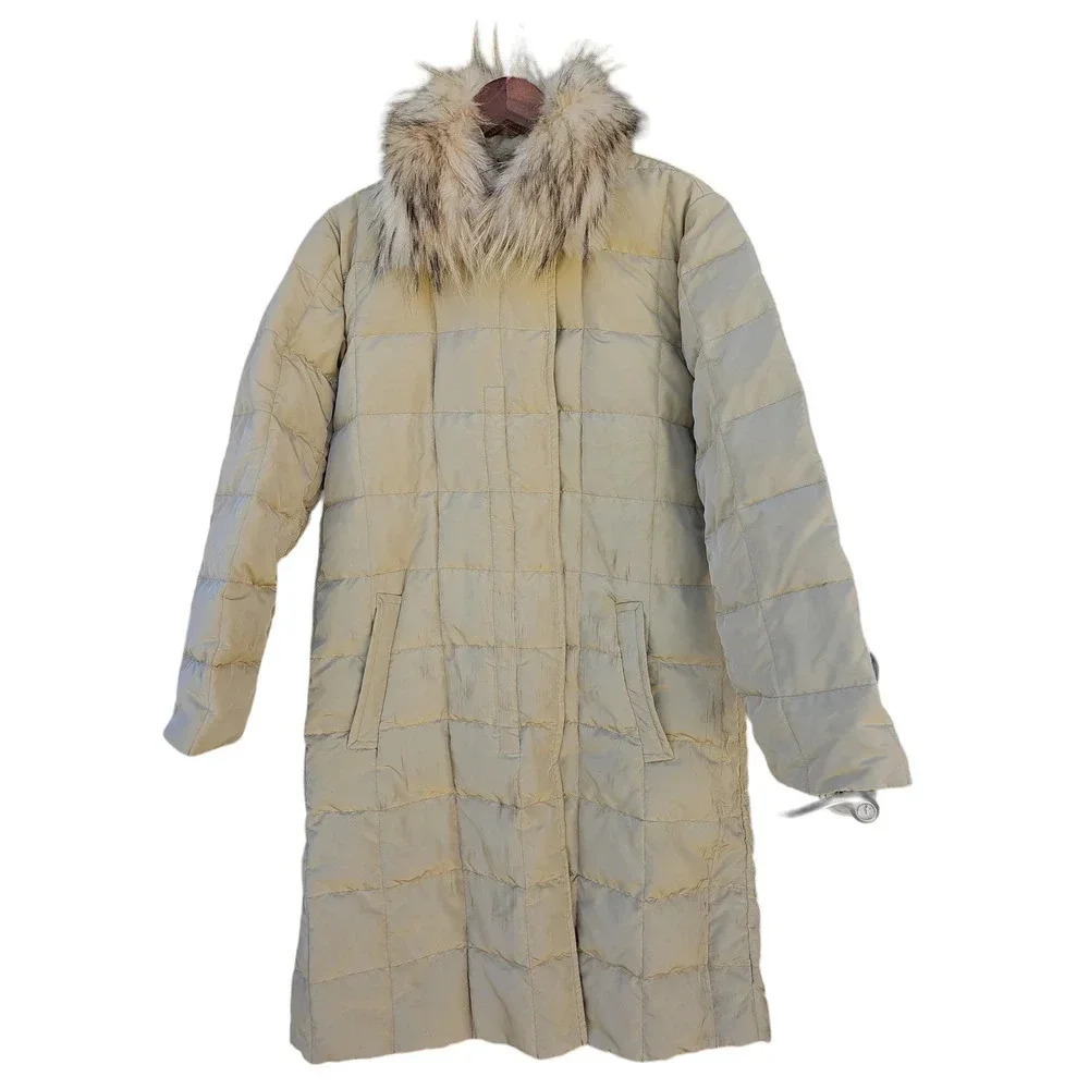 Max Mara Fur Collar Down Puffer Coat Jacket Cream Size 10